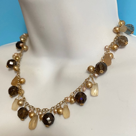 Faceted Glass Beads Pearls Natural Stone Dangles Gold Tone Necklace 1/20 14K - Picture 1 of 9